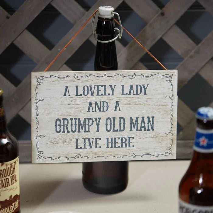 A Lovely Lady and Grumpy Man Plaque Whitewashed Wood With Scroll Border