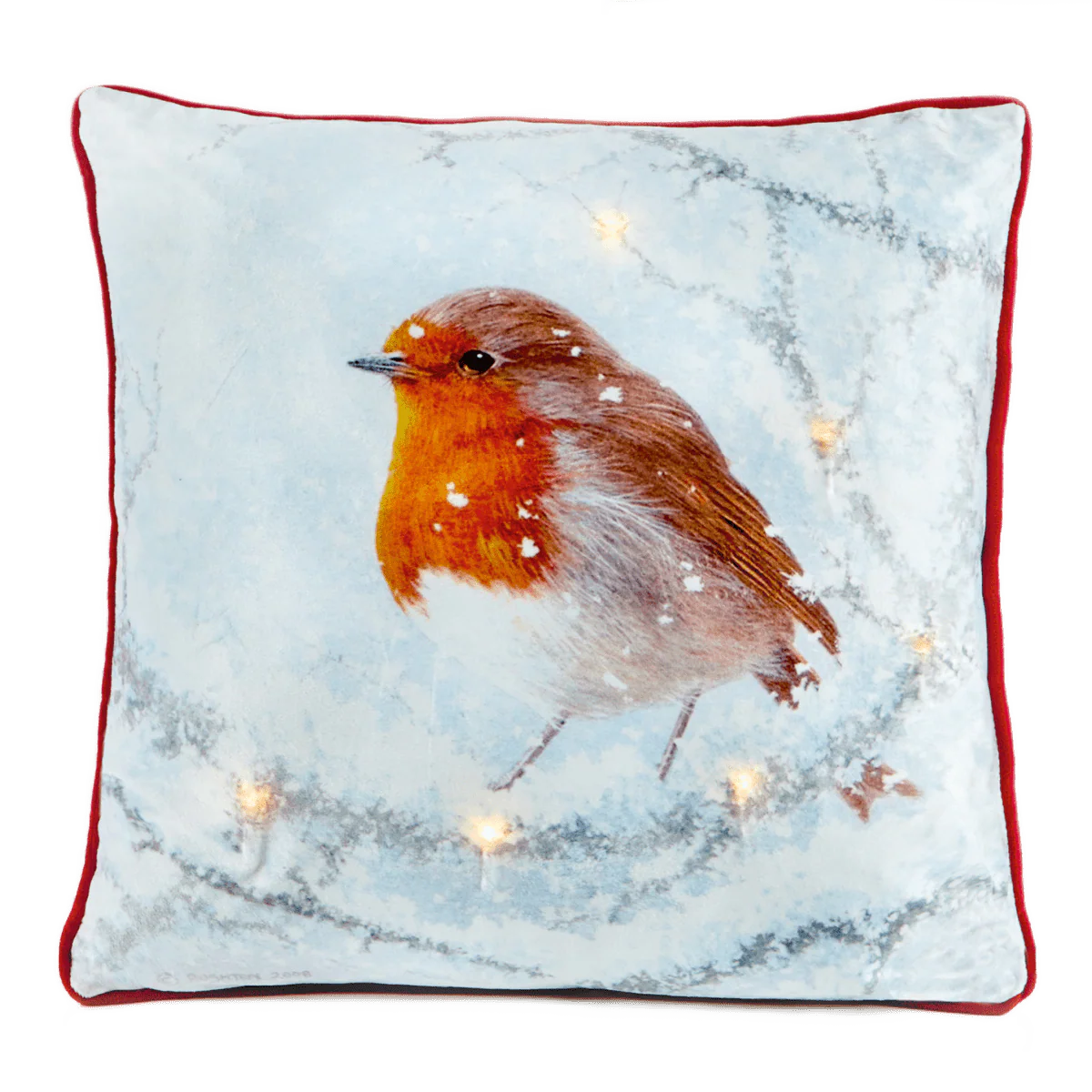 Battery Operated Lit Cushion Winter Glow Robin 45 x 45cm