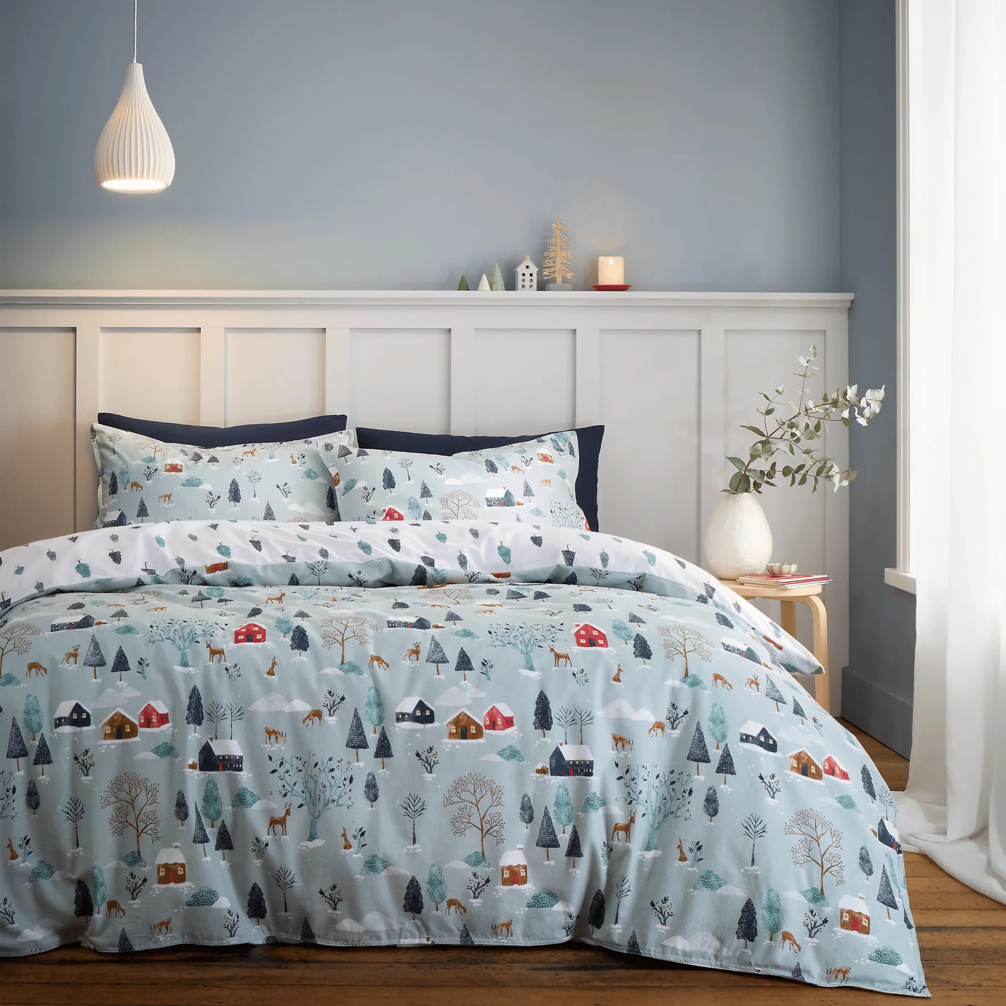 Bianca Brushed Cotton Reversible Winter Scene Duvet Cover Set Superking