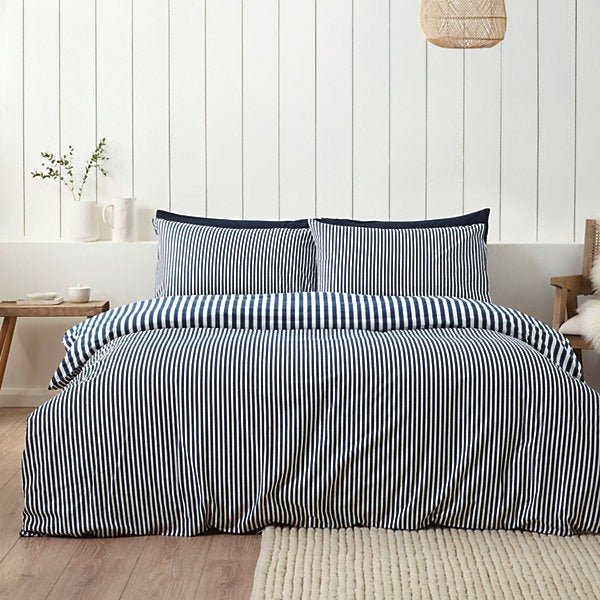Catherine Lansfield Brushed Cotton Navy Blue Stripe Reversible Duvet Cover Set - Double - Image 2