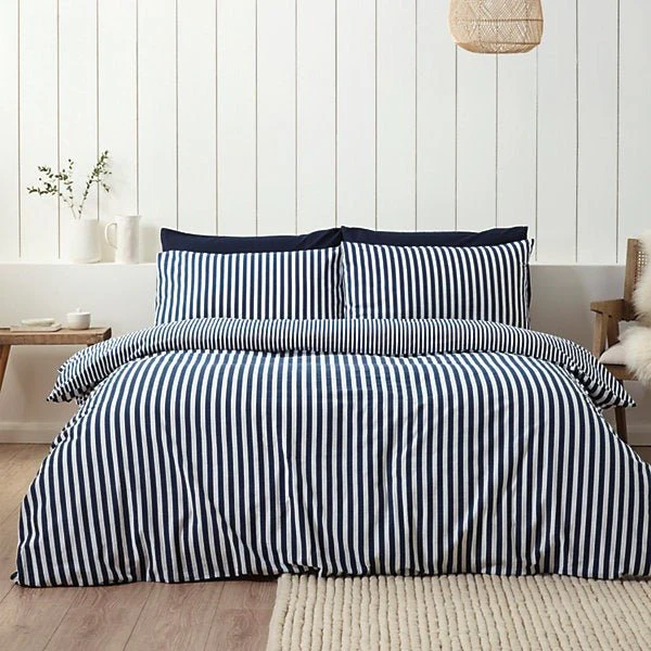 Catherine Lansfield Brushed Cotton Navy Blue Stripe Reversible Duvet Cover Set - Super King