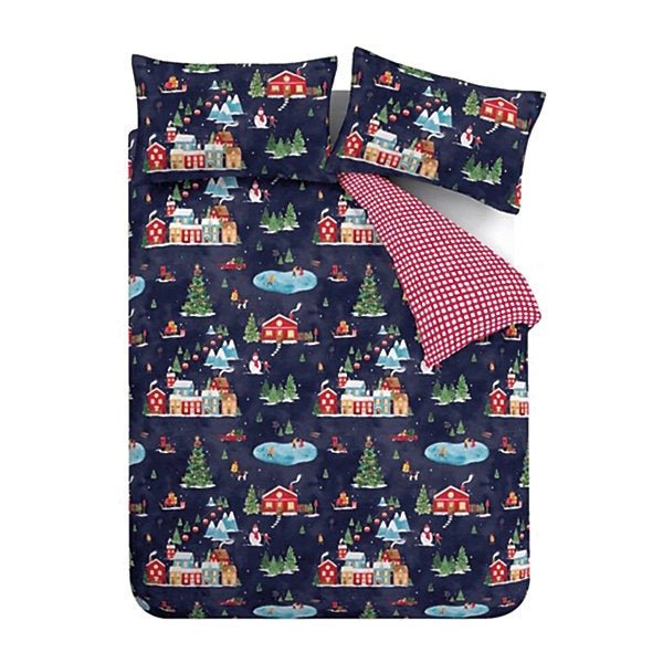 Catherine Lansfield Christmas Ski Village Reversible Duvet Cover Set – Navy Blue (Super King) - Image 5