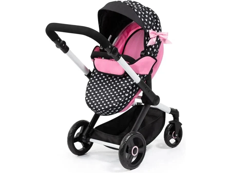 Combi Dolls Pram Xeo - Black & Pink White Stars - Image 3