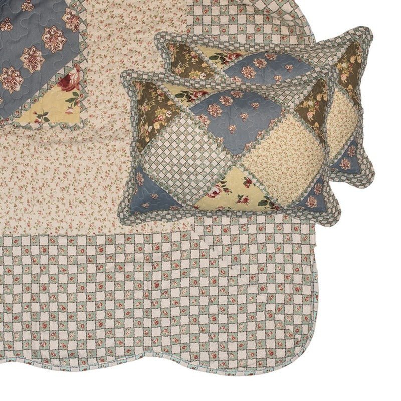 Country Cottage Patchwork Bedspread & 2 Pillowcases Set Blue Beige