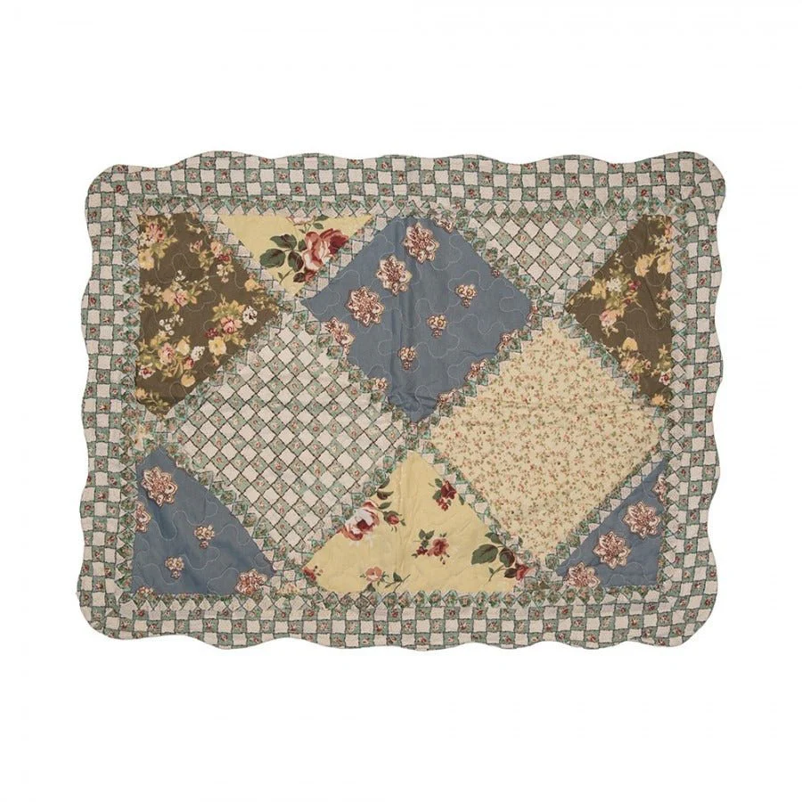 Country Cottage Patchwork Bedspread & 2 Pillowcases Set Blue Beige - Image 6