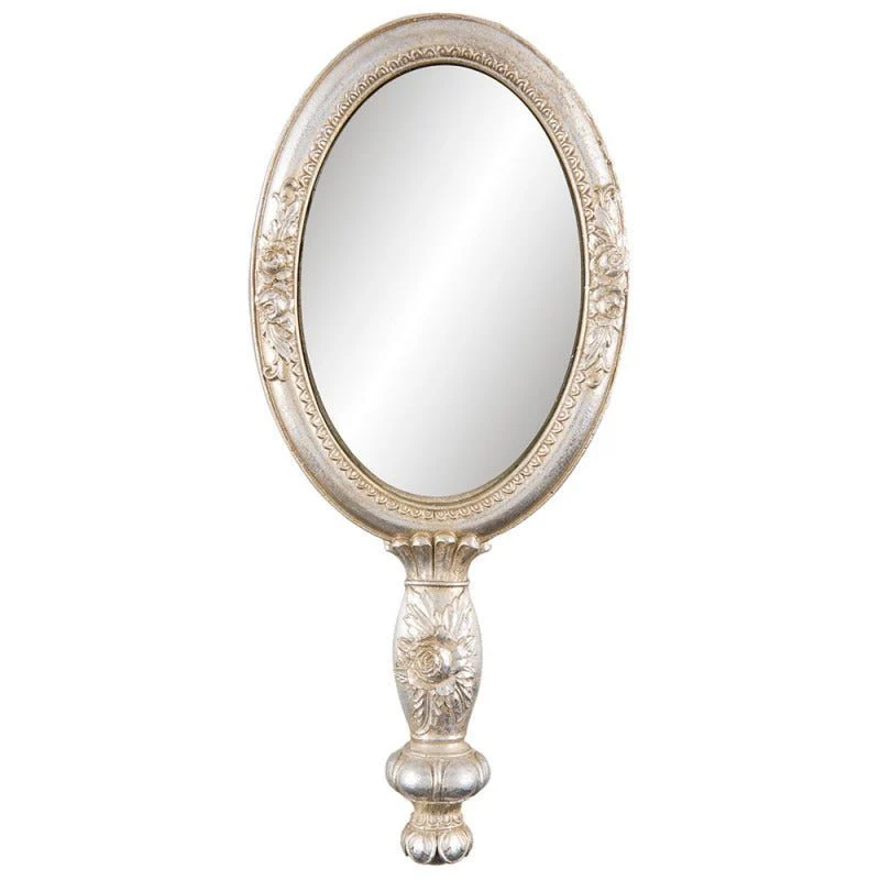 Handheld Oval Mirror 12 x 27cm Silver Coloured Flowers