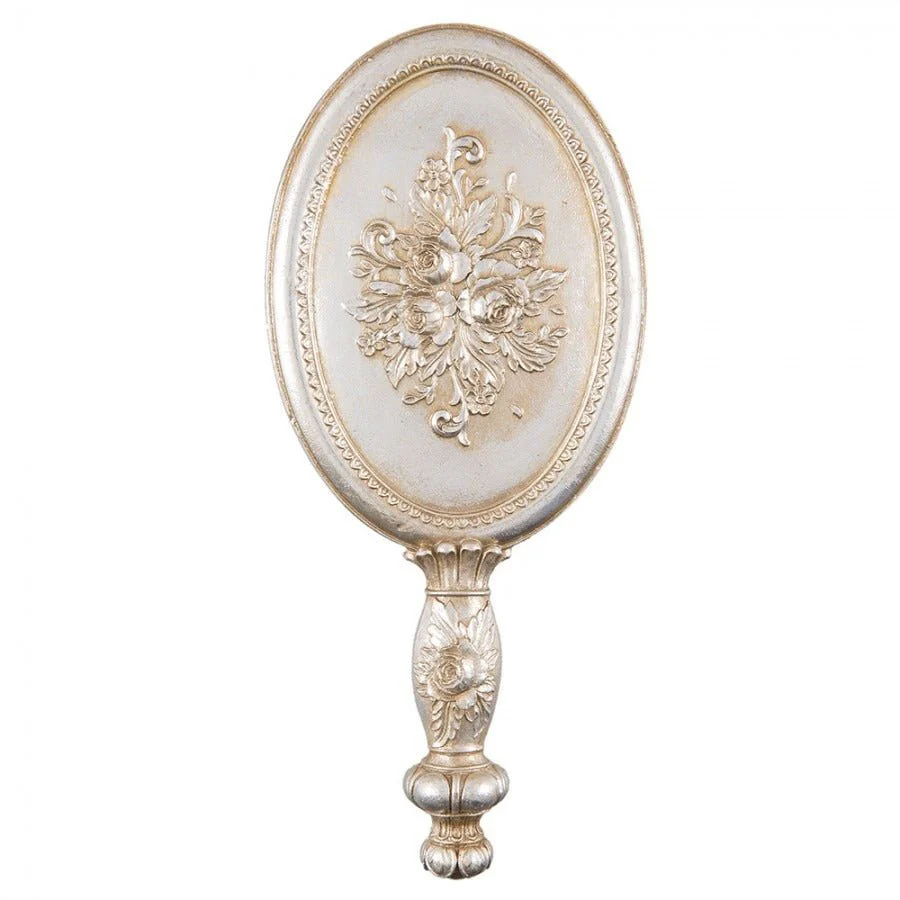 Handheld Oval Mirror 12 x 27cm Silver Coloured Flowers - Image 2