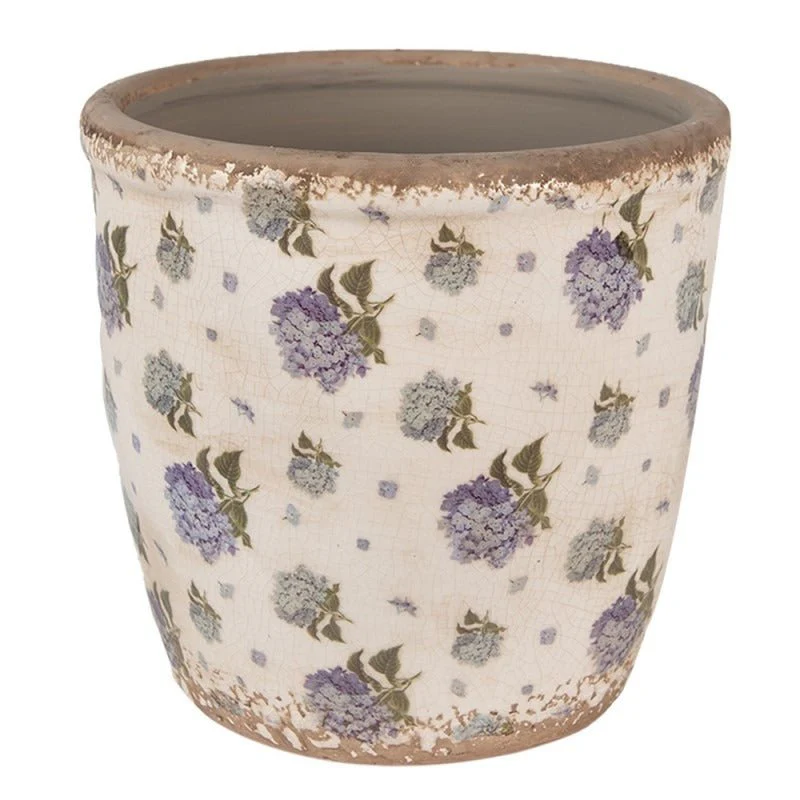 Indoor Planter 16 x 16cm Beige Blue Ceramic Flowers Round