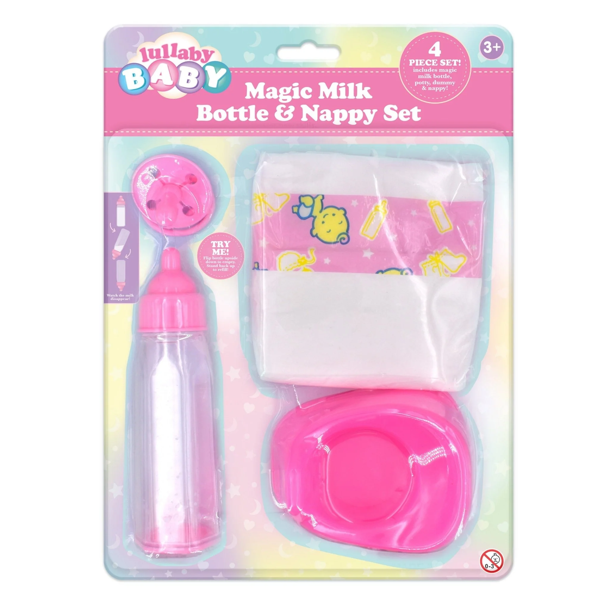 Lullaby Baby 4pc Nappy And Feeding Bottle Set