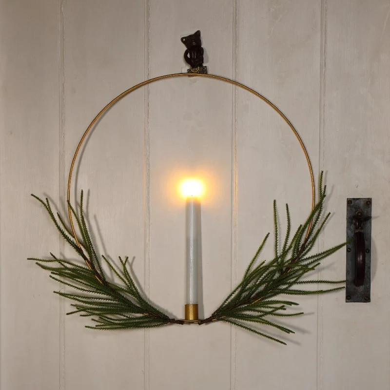 Noma 47cm Gold Metal Foliage Wreath With Flickering Effect Wax Candle