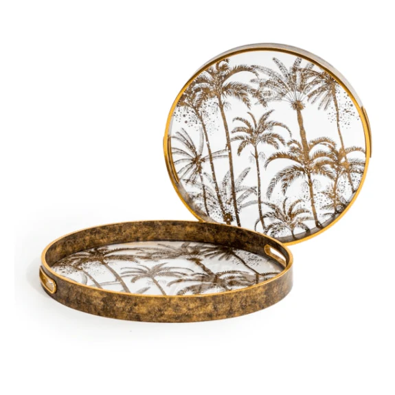 Set of 2 Dark Gold Palm Tree Serving Trays